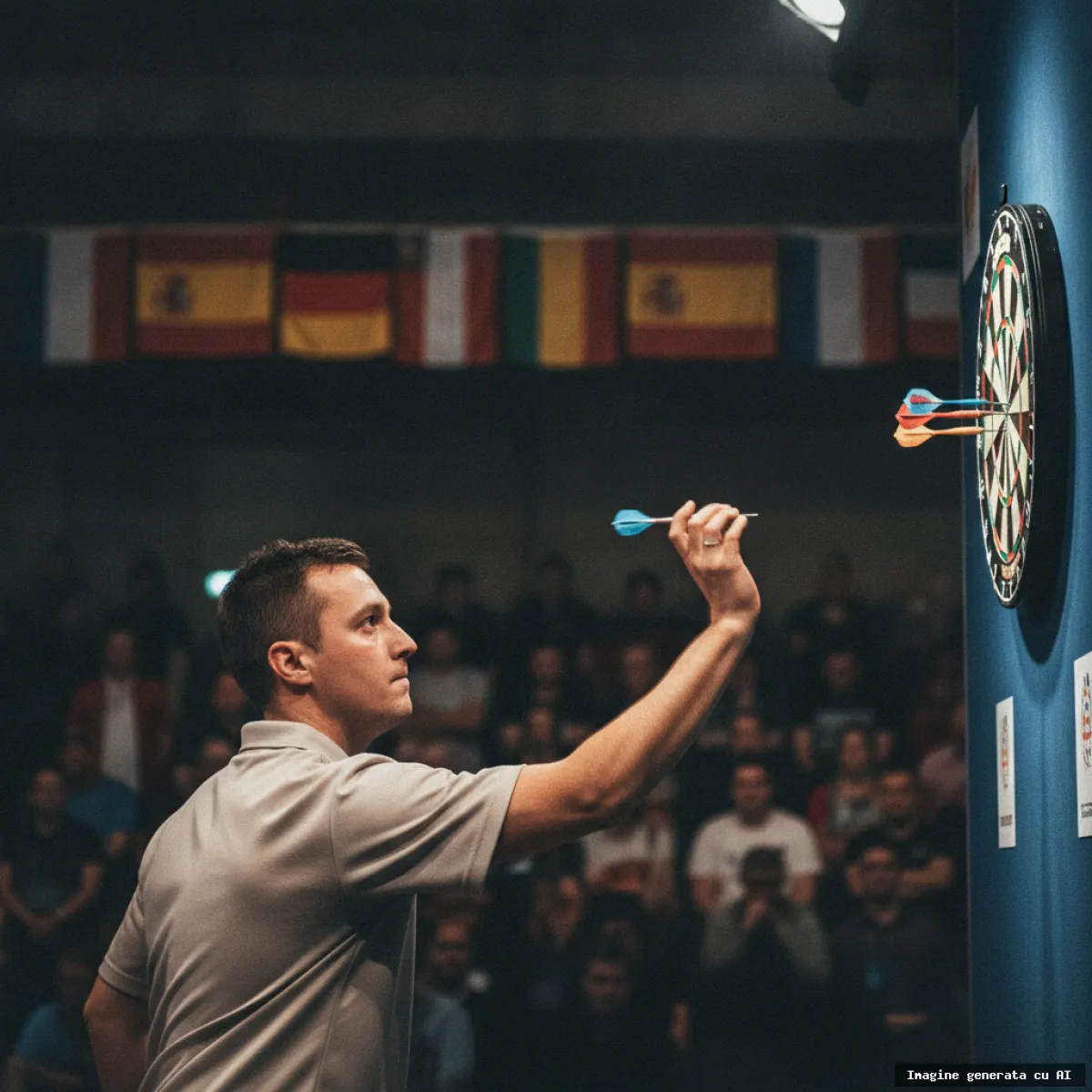 România, la un pas de senzație la WDF Europe Cup la darts (imagine generată cu AI)